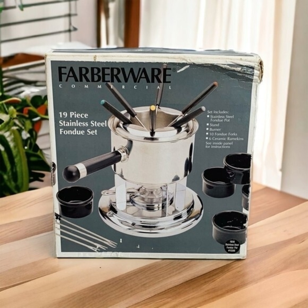 Vintage FARBERWARE Fondue Set 19 Piece Stainless Steel 10 Forks Burner Pot VG